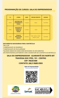 A PREFEITURA MUNICIPAL E SALA DO EMPREENDEDOR EM PARCERIA COM O SENAC, TRÁS NOVOS CURSOS PARA VOCÊ S